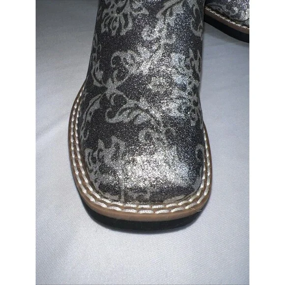 OLD WEST KIDS SQUARE TOE BLACK METALLIC SILVER BOOTS SIZE 11 - Picture 8 of 14